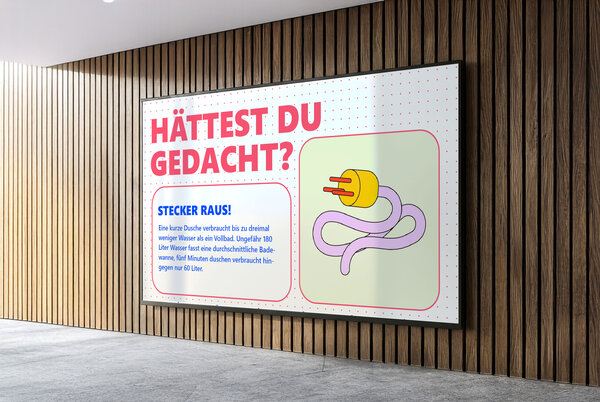 Digitale Werbetafel mit Infografik, die eine Person beim Duschen in einer stilisierten Duschkabine zeigt, daneben große Überschrift und erklärender Text.