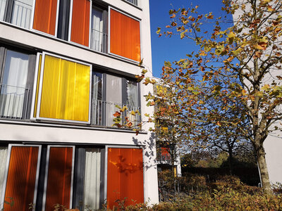 Fassade eines modernen Gebäudes mit bunten Fensterläden in orange und gelb, umgeben von Bäumen.