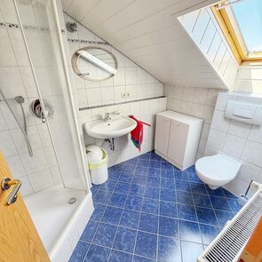 Badezimmer mit Dusche und Toilette und blauen Fliesen auf dem Boden.