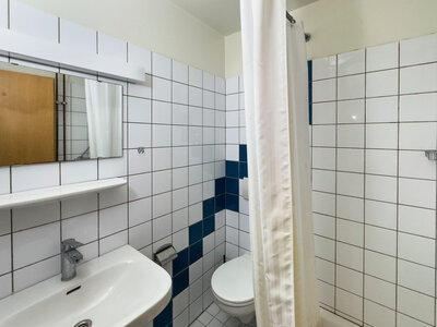 Gefliestes Badezimmer mit Dusche, Spiegel, Toilette und Waschbecken